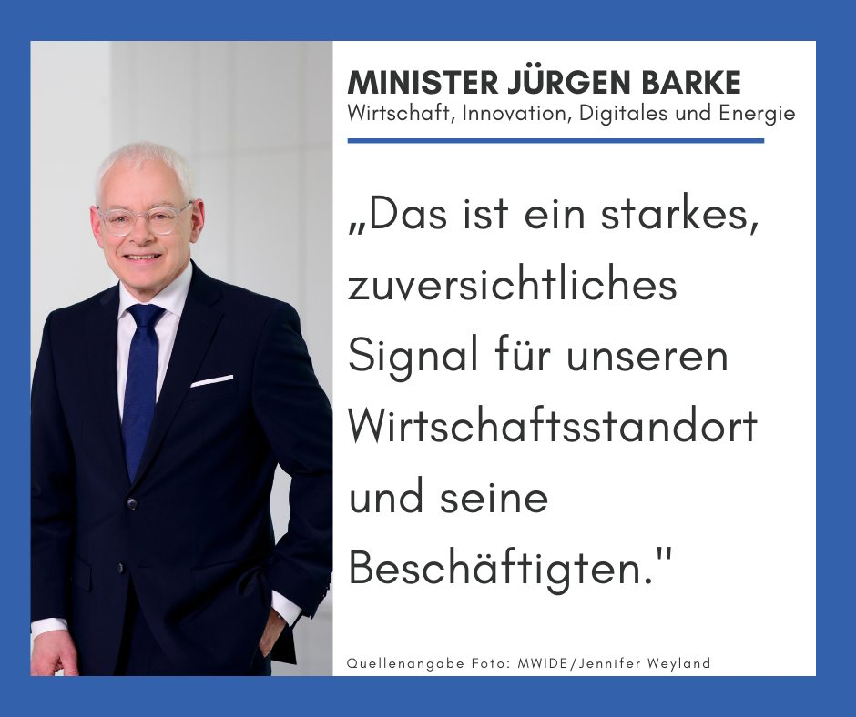 Portrait of German Minister Jürgen Barke in business suit with “Das ist ein starkes, zuverlässiges Signal” quote