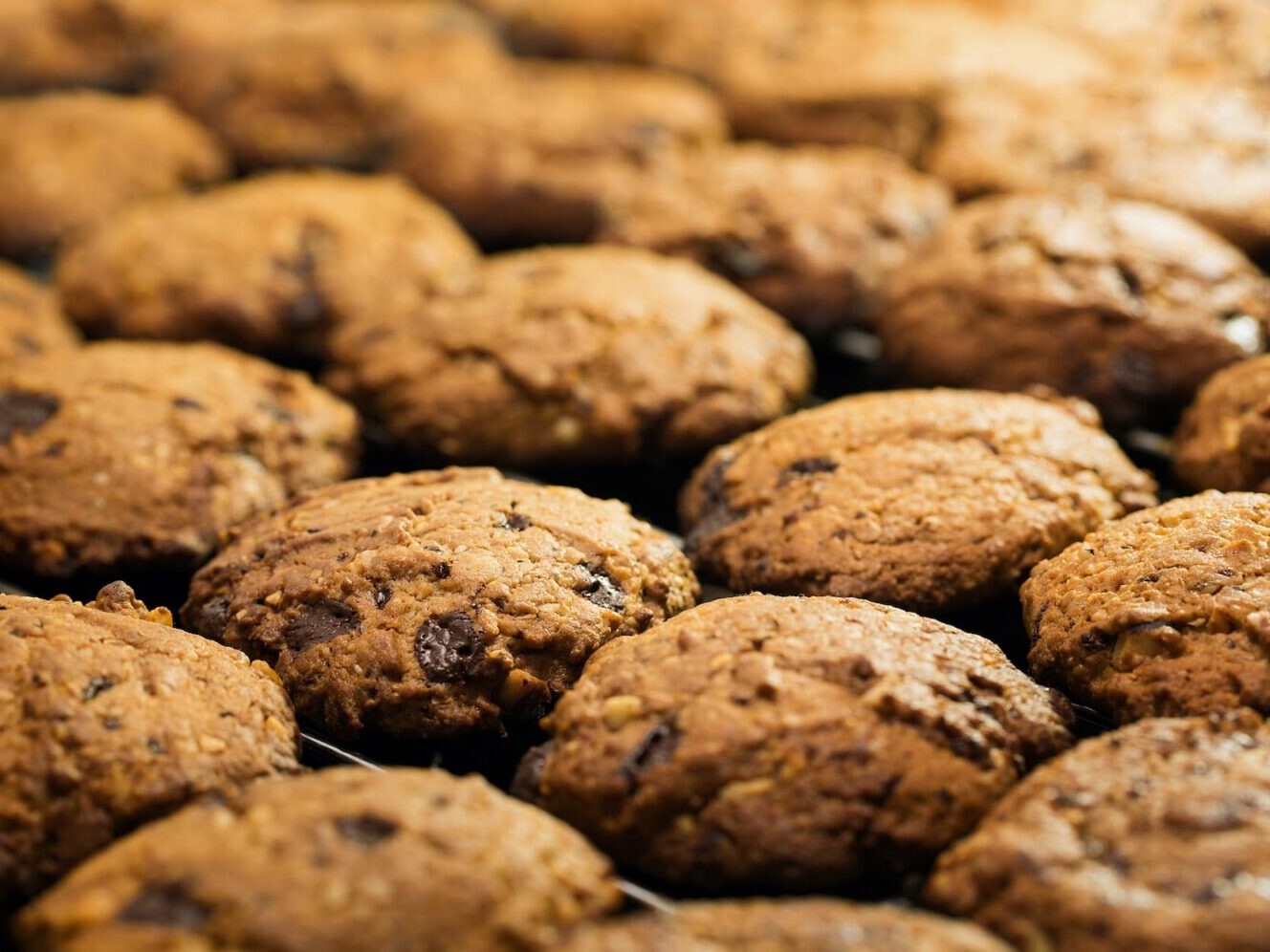 Close-up of roasted brown granola cookies with chocolate chips, golden-brown texture in natural light